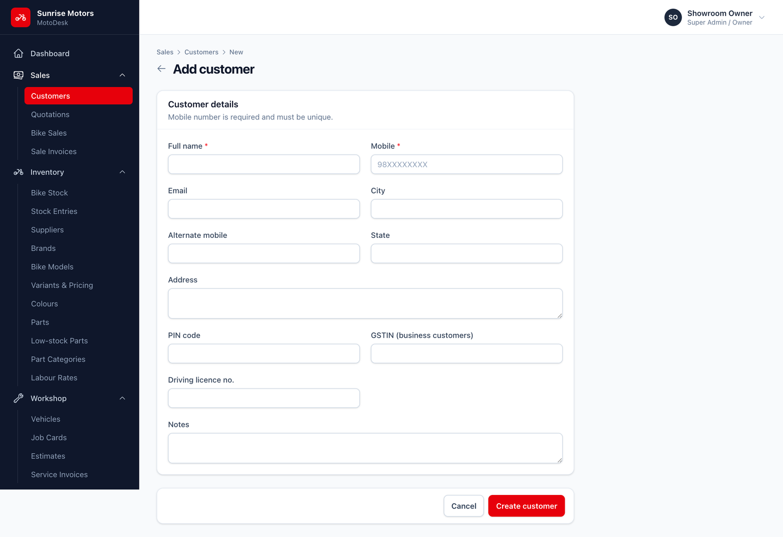 Add customer form