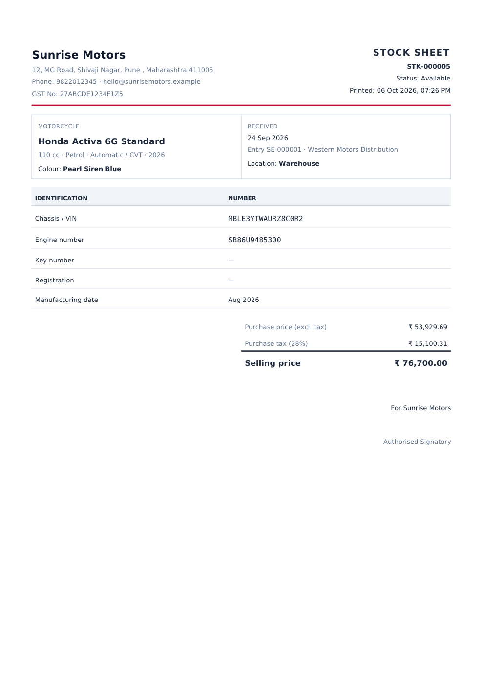 Stock sheet printout