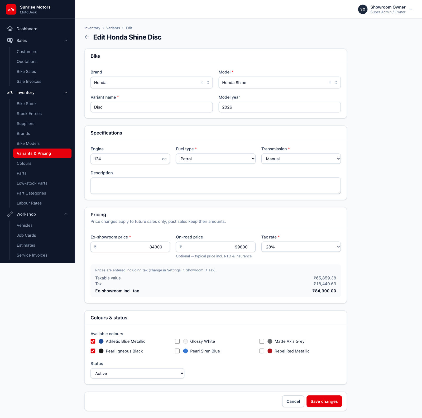 Variant form with price breakdown