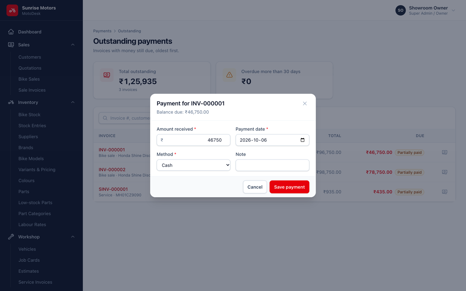 Recording a payment from Outstanding