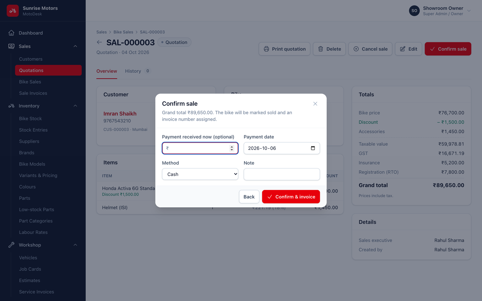 Confirm sale window