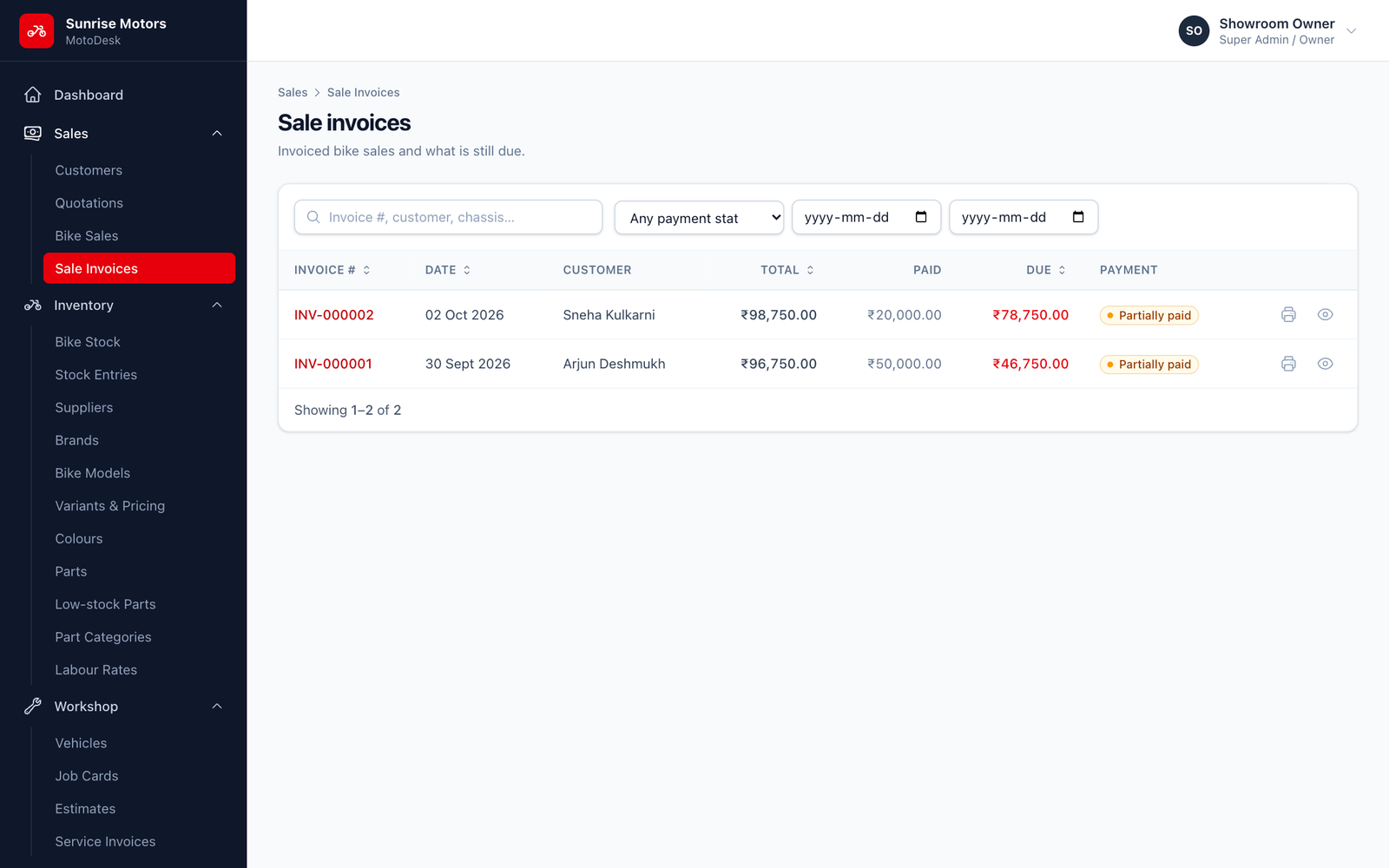 Sale invoices list
