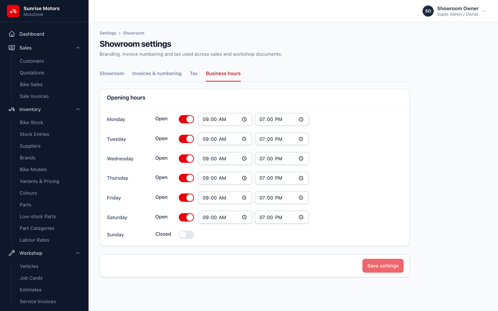 Business hours tab