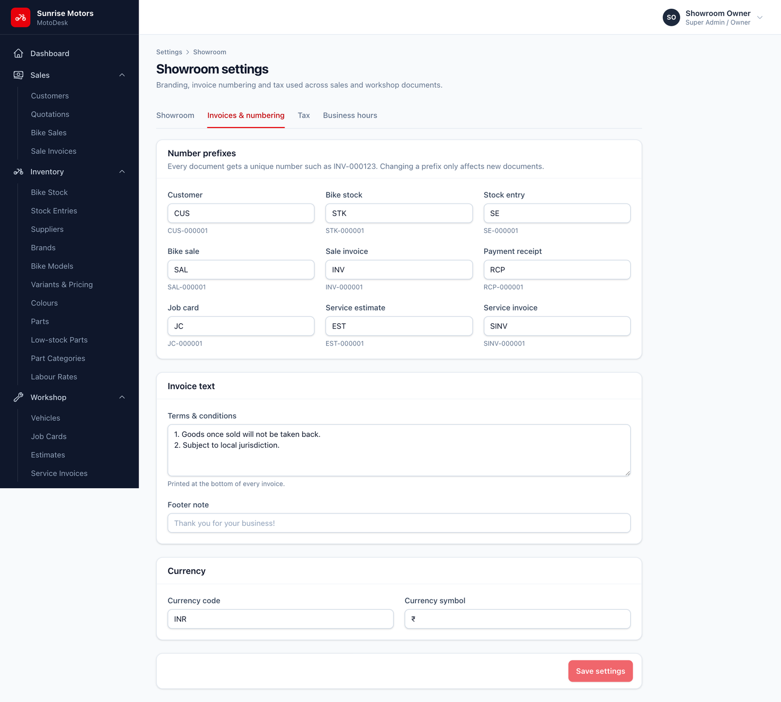 Invoices & numbering tab