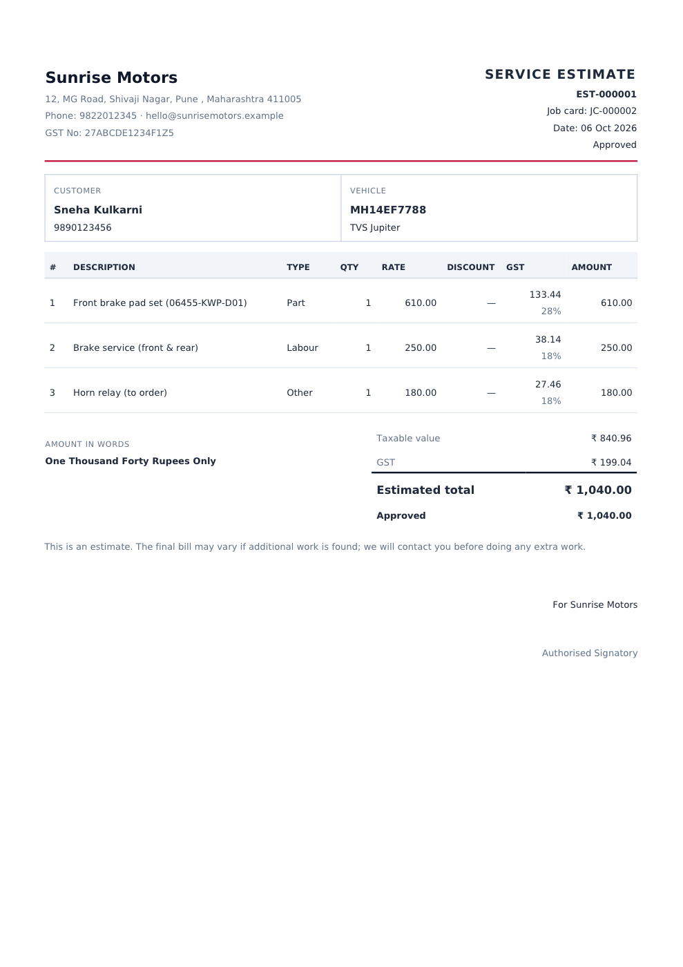 Printed estimate