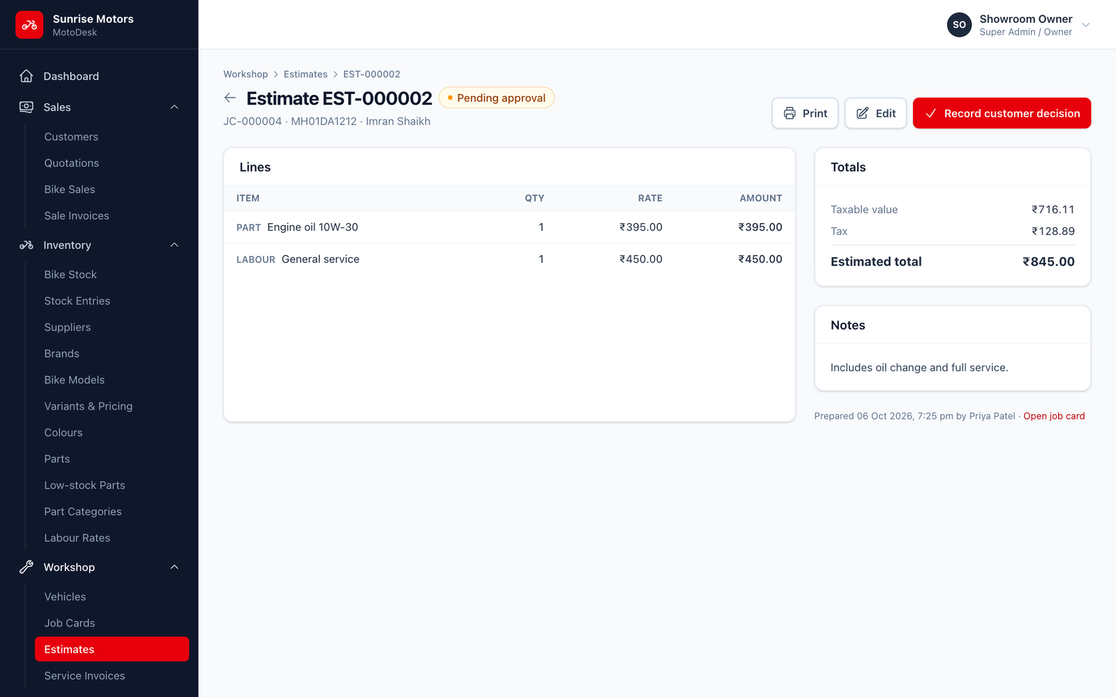 Estimate awaiting approval