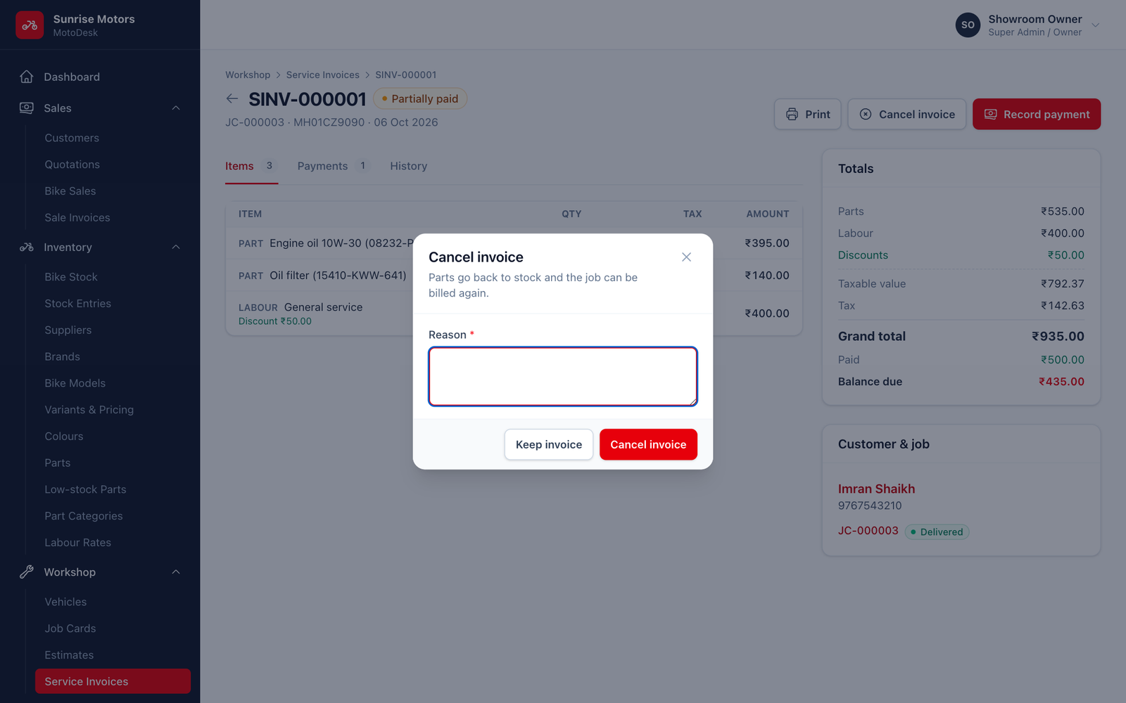 Cancel invoice window
