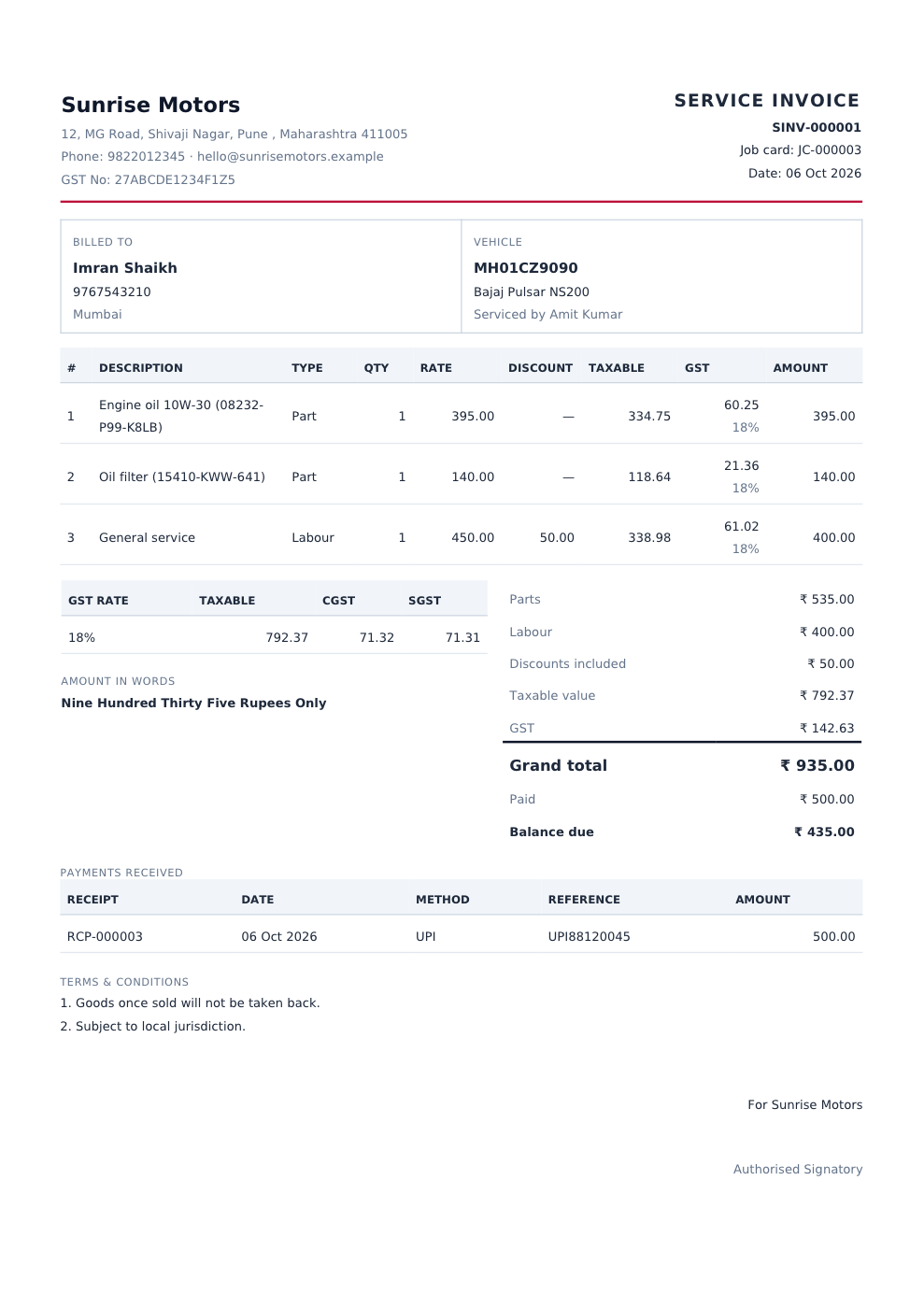 Printed service invoice