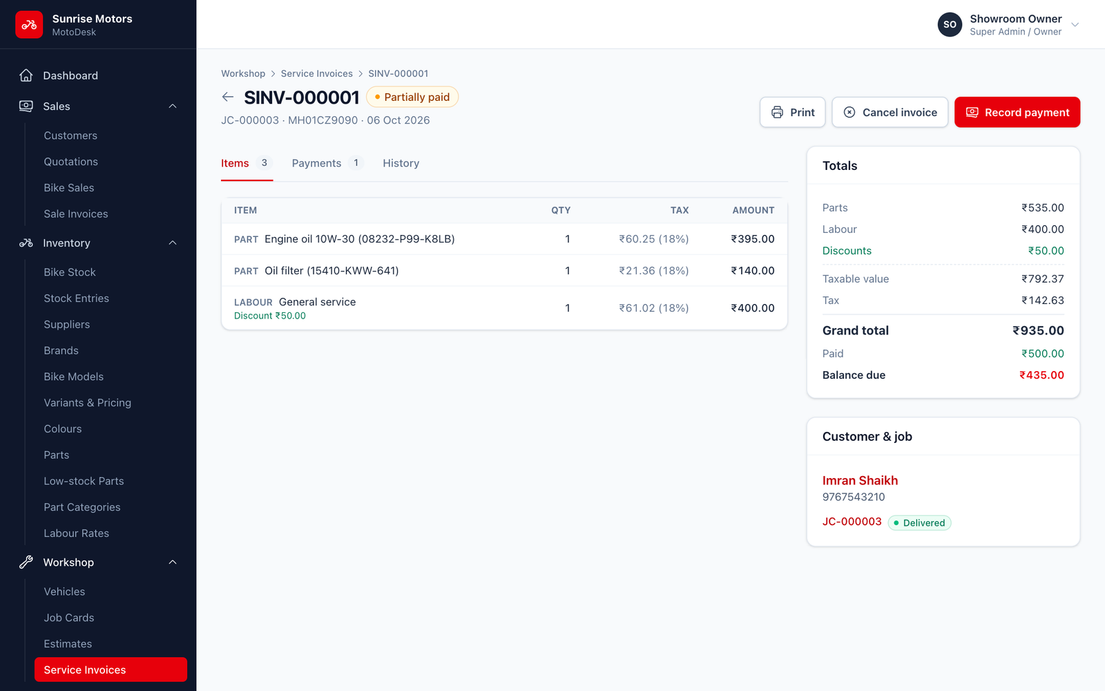 Service invoice page