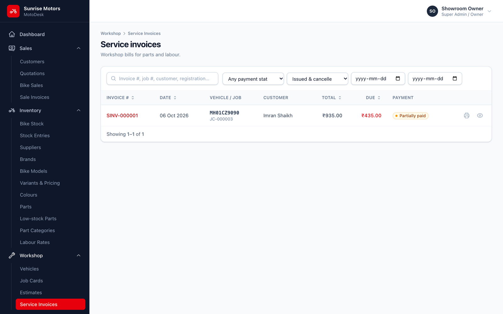Service invoices list