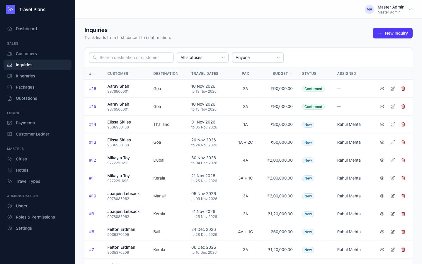 Inquiries list