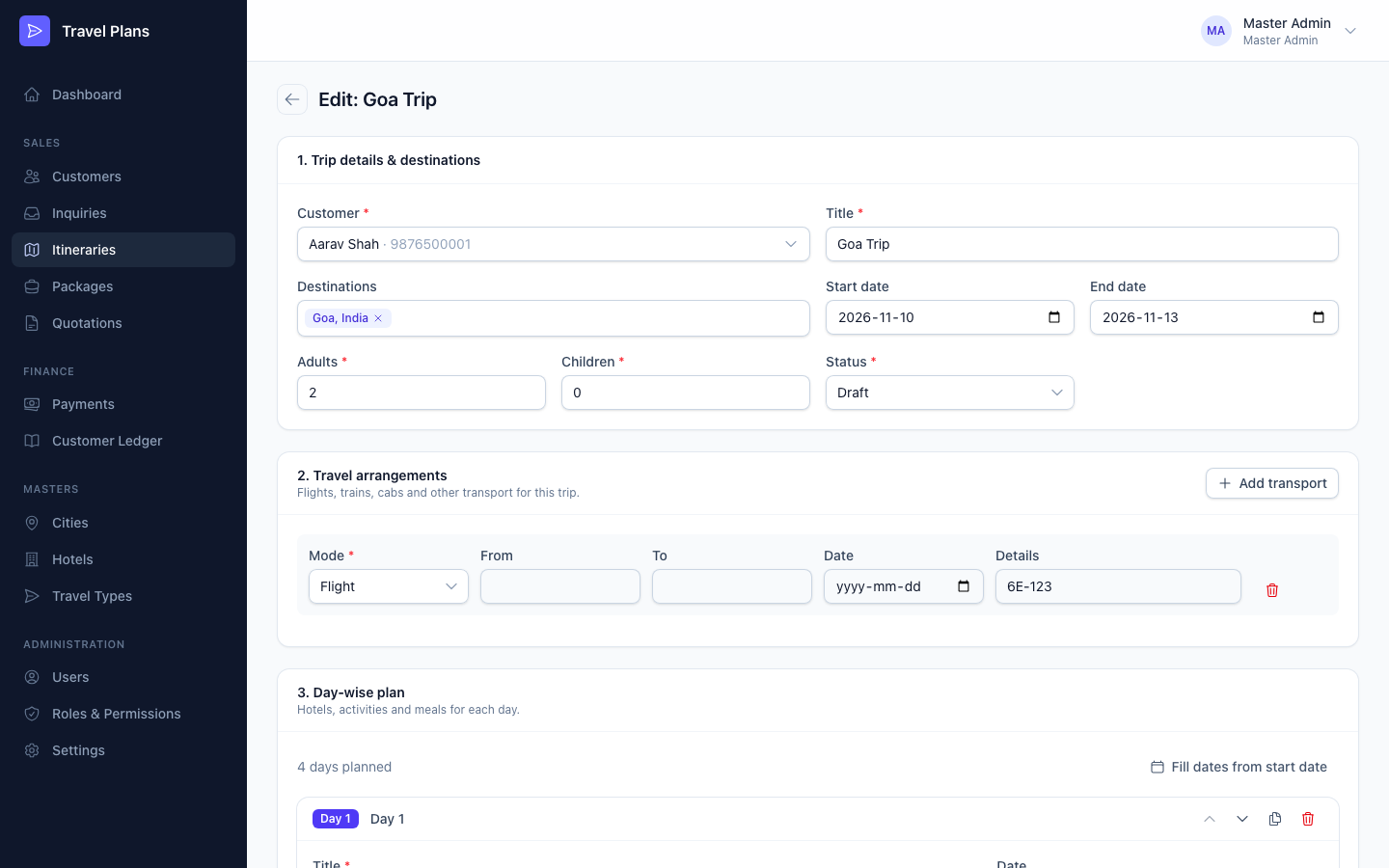 Day-wise plan editor